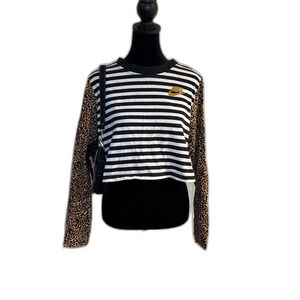 Nike Striped Long Sleeve Crop Top — Leopard Print Sleeves, Sporty Mixed Print